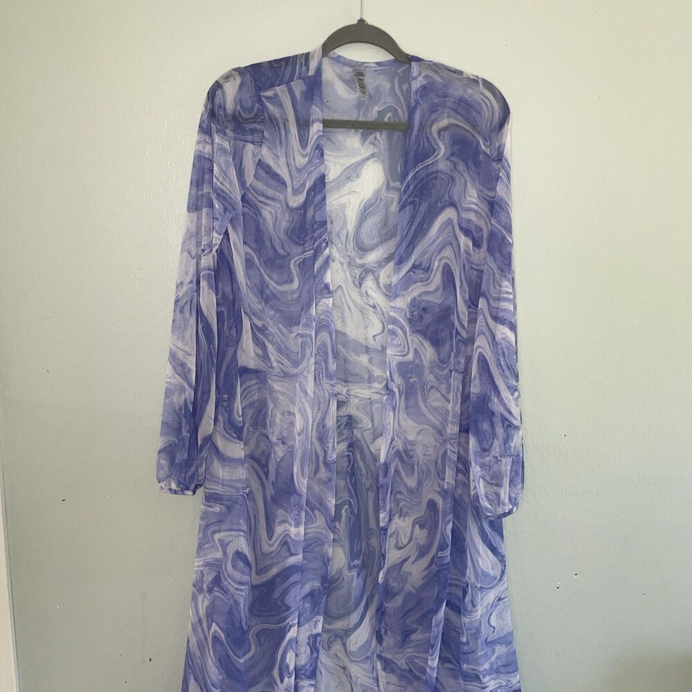 Naked Wardrobe Sheer Mesh Swim Cover Up Robe‎ Long Blue Swirl m